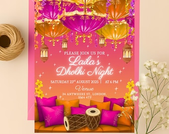 Editable Pink Mehndi Invitation Canva Template | Dholki Decor Sangeet Haldi Dholki Invite | Mehndi Decor | Digital Download Wedding Invite