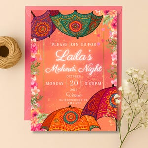 Editable Orange Mehndi Invitation Canva Template | Wedding invite for Dholki, Sangeet, Haldi and Mayoun | Mehndi Decor | Digital Download