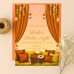 Bright Haldi Invitation Template | Mehndi Decor Mayoun Dholki Invite Sangeet | Editable Canva Template Instant Digital Download Wedding Sign