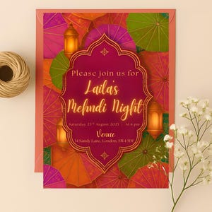 Colorful Orange Mehndi Invitation Template | Dholki Haldi Sangeet Mayoun Invite | Mehndi Poster Board| Editable Digital Download Canva card