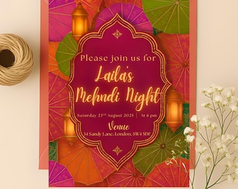 Colorful Orange Mehndi Invitation Template | Dholki Haldi Sangeet Mayoun Invite | Mehndi Poster Board| Editable Digital Download Canva card