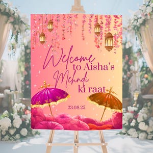 Bunte Mehndi Willkommensschild Vorlage, digitaler Download für Dholki, Sangeet, Mayoun Night, bearbeitbare CANVA Mehndi Postertafel, Mehndi Ki Raat