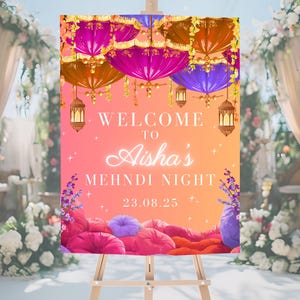Colourful mehndi welcome sign template,digital download for dholki sign,sangeet,Mayoun sign,editable CANVA mehndi board ,mehndi decor poster