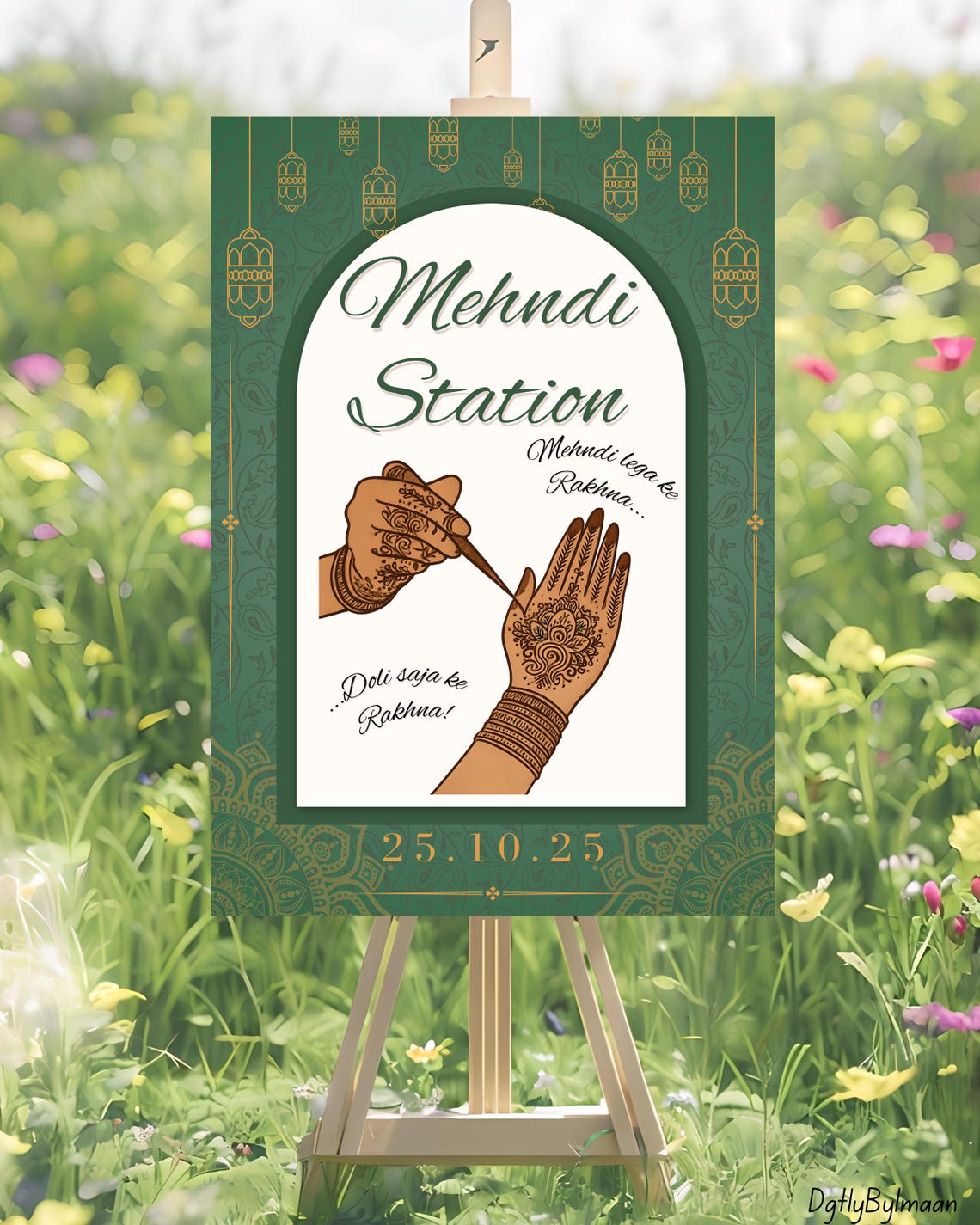 Mehandi Station Editable Emerald Mehndi Station Sign Canva Template | Mehndi Sign ...