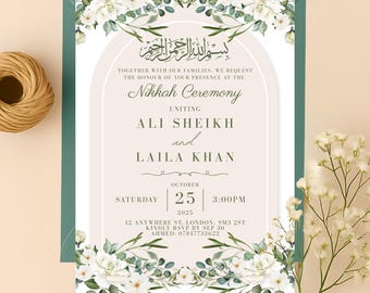 Plantilla editable para invitación de Nikkah islámica en Canva, invitación floral en verde salvia y dorado / Descarga digital para ceremonia de Walima musulmana / Letrero de Nikkah
