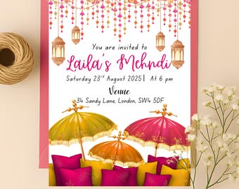 Colorful Mehndi Invitation Canva Template | Editable Mehndi Decor Dholki Invite Sangeet Haldi Night Mayoun Invite | Digital Download Invite