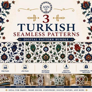 Turkish Digital Paper Bundle | Ottoman Seamless Patterns | Floral Tile Design PNG JPG | Sublimation Pattern Pack | Scrapbook Paper