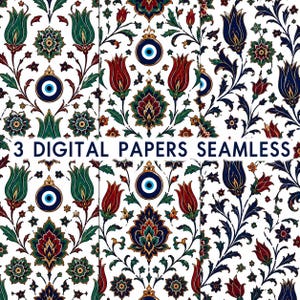 May include: Three seamless digital paper patterns featuring intricate floral motifs in red, green, and dark blue on a white background, with circular evil eye symbols integrated into the designs. The text 3 DIGITAL PAPERS SEAMLESS is centered.