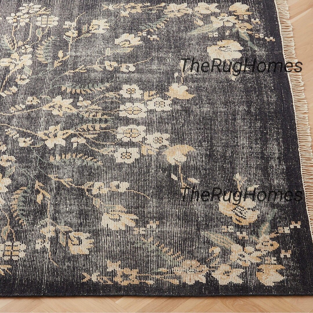 Lavish Hand-knotted Black Floral Newzeland Wool Area Rug9x12 Turkish ...