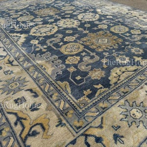 Antique Style Blue Oushak Rug, Modern Oushak Rug, Neutral Area Rug 9x12, Handmade Turkish Wool Rug, Carpet Beige & Gold 8x10 Bedroom Rug...