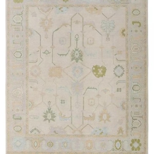 Beige Blue Green Rug, Modern Oushak Rug, Neutral Area Rug 9x12, Handmade Turkish Wool Rug, Muted Palette Rug 8x10 Bedroom Rug...