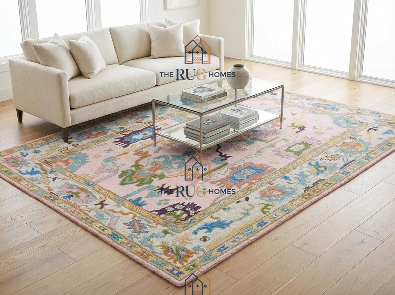 Sit On Rug Button Rug Pastel Pink Floral Rug, Hand Tufted Area Rug, Traditional Persian Style ...