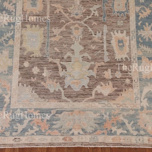Brown Oushak Rug Modern Oushak Rug, Neutral Area Rug 9x12, Handmade Turkish Wool Rug, Blue Peach Floral Motifs 8x10 Bedroom Rug Living Room