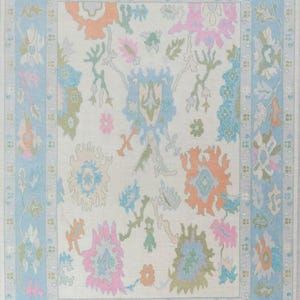 Ivory And Blue Oushak Rug, Red Gold Accent Area Rug, Modern Wool Rug, Blue Green Turkish Oushak Rug, Indoor Carpet Rug For Bedroom: AMNE02