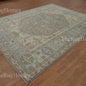 Tribal Blue & Green Oushak Rug Modern Oushak Rug, Neutral Area Rug 9x12, Handmade Turkish Wool Rug, Geometric Medallion 8x10 Bedroom Rug...