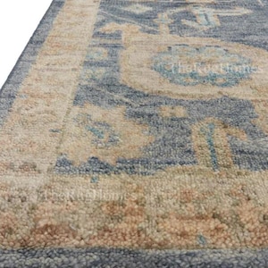 Vintage Style Blue Oushak Rug , Modern Oushak Rug, Neutral Area Rug 9x12, Handmade Turkish Wool Rug, Taupe Floral Motifs 8x10 Bedroom Rug...