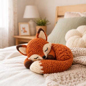 May include: A handcrafted crochet fox plush toy in a sleeping position. The fox features a burnt orange body, a white muzzle, white-tipped ears with dark brown accents, and a long, curled tail with a white tip. The eyes are closed with stitched lashes.