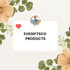 Puede incluir: Imagen decorativa con el texto "EVEGIFTSCO PRODUCTS" en negrita negra sobre fondo blanco. La imagen est&aacute; rodeada de flores color melocot&oacute;n, hojas verdes, un coraz&oacute;n rojo y una peque&ntilde;a ilustraci&oacute;n circular.