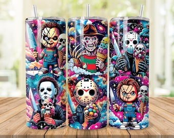 May include: Three stainless steel tumblers with colorful horror movie character designs. Each tumbler features a different character holding a knife and an ice cream cone with skulls. The background is a vibrant mix of pink, purple, and blue.