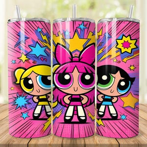 May include: Three pink tumblers with the Powerpuff Girls cartoon characters. Each tumbler features a different character with a pink background and comic book style star and lightning bolt graphics. Each tumbler has a silver straw.
