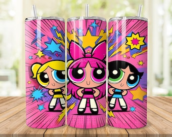 Vaso Super Puff Girls de 20 oz, delgado, con envoltorio de dibujos animados (descarga digital PNG)