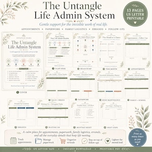 Może przedstawiać: System Untangle Life Admin to 13-stronicowy zestaw do druku w formacie US letter, służący do zarządzania spotkaniami, dokumentami, logistyką rodzinną, sprawami do załatwienia i zadaniami. Zawiera okładkę oraz różne arkusze planowania.