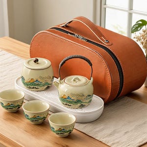 Puede incluir: Un juego de té de cerámica que incluye una tetera con asa trenzada oscura, un bote con tapa y tres tazas pequeñas, decorados con un paisaje montañoso colorido. El conjunto se asienta sobre una bandeja blanca estriada junto a un maletín.