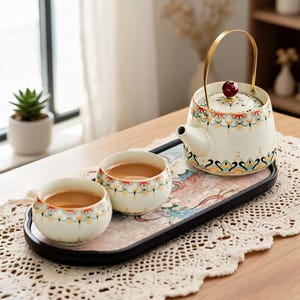May include: A ceramic tea set featuring a teapot with a gold metal handle and a dark red knob, accompanied by two matching tea cups. The pieces are decorated with a colourful floral pattern and sit on a rectangular black tray with a floral print.