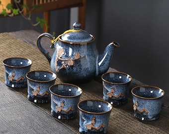 Embossed Ceramic Tea Set: Gilded Teapot, Chinese Kung Fu Style