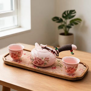 Könnte beinhalten: Eine hellrosa Keramik-Teekanne und zwei passende Teetassen mit Pfingstrosen-Blumenmuster. Die Teekanne hat einen seitlichen Griff, der mit einer dunklen Kordel und kleinen grünen und roten Perlen umwickelt ist. Das Set steht auf einem Holztablett.