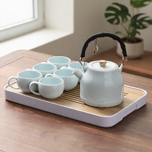 Handgemaakte keramische Gongfu theeset, Chinese Kung Fu theeset met theepot, 6 kopjes en dienblad, moderne theeceremonieset, cadeau voor theeliefhebbers