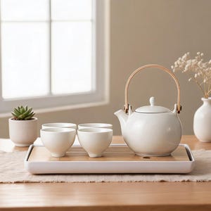 Puede incluir: Una tetera de cerámica blanca con asa de madera curvada y cuatro tazas de té de cerámica blanca a juego, dispuestas sobre una bandeja de té rectangular de bambú con listones. El conjunto presenta un acabado liso y brillante.