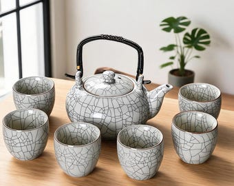 Théière émaillée craquelée de style rétro avec anse | Service à thé Kung Fu | Service à thé cérémonie du thé | Service à thé | Cadeau fête des pères