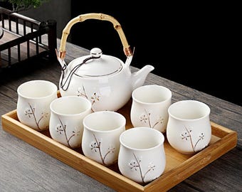 Juego de té de cerámica hecho a mano / juego de té de Kung Fu de cerámica / juego de té de porcelana blanca / juego de té de Kung Fu con flor de ciruelo en relieve / juego de té para fiesta de té