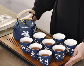 Juego de té de cerámica tallada a mano / Juego de té con relieve de flor de ciruelo / Juego de té vintage / Juego de té para bodas / Juego de té para fiestas de té / Juego de té de la tarde