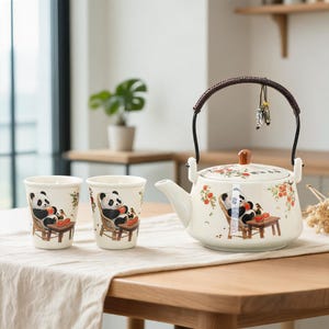 Juego de té creativo / Una tetera y dos tazas / Tetera de cerámica con asa giratoria / Juego de té compacto / Juego de té Gongfu / Juego para reuniones de té / Regalo de inauguración de casa