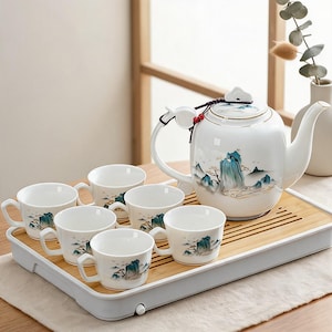Modern Gongfu-teservis i keramik, kinesisk teservis med tekanna och koppar, teservis i bergslandskap, teceremoniservis