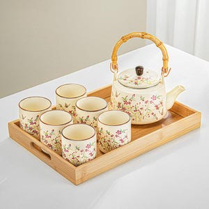 Hand-painted peach blossom teapot with handle | Ceramic Kung Fu tea set | Anti-scalding teapot | Tea party tea set | Afternoon tea set