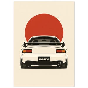 Póster minimalista del Mazda RX-7 / Impresión artística JDM con motor rotativo / Decoración de pared de coche deportivo retro / Obra de arte automotriz del FD RX-7