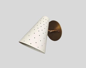 Mid-Century Modern Wall Sconce - Perforated White Cone Shade, Modern Cone Wall Sconce | Perforated White Wall Light | Mid Century