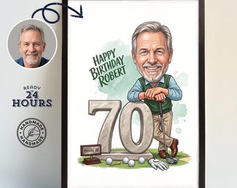 Custom 70th Birthday Golf Caricature from Photo, Personalized Golfer Portrait, 70th Birthday Gift for Him, Golf Lover Wall Art