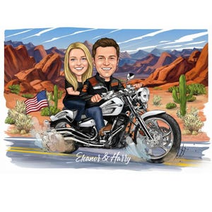 May include: A digital illustration of two people riding a motorcycle on a desert road with red rock formations and cacti in the background. An American flag is attached to the rear, and the text Eleanor & Harry is written in white script.