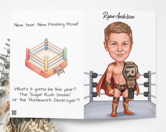 Personalized Wrestler Birthday Card for Kids, Custom Caricature Greeting Card, Wrestling Champion Gift, Kids Birthday Card