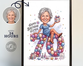 70th Birthday Caricature from Photo, 70th Birthday Gift for Her, Personalized Balloon Portrait, Unique Birthday Keepsake