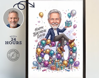 60th Birthday Caricature from Photo, Birthday Gift for Dad, Personalized Birthday Portrait, Husband 60th Birthday Card, Personalized Gift