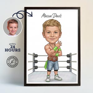 May include: Framed caricature of a young boy in a wrestling ring, wearing a championship belt and green wristbands. The image includes the name "Mason Davis" and the text "READY IN 24 HOURS" and "HANDMADE".