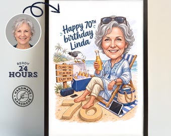 70th Birthday Beach Portrait, Personalized 70th Birthday Caricature, Birthday Gift for Her, 70th Birthday card Sister