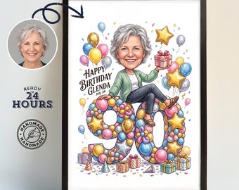 Caricatura de cumpleaños número 90 a partir de una foto, regalo de cumpleaños número 90 para ella, retrato personalizado con globos, recuerdo de cumpleaños único