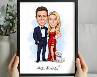 Custom Couple Caricature Portrait, Personalized Romantic Cartoon Drawing, Anniversary Gift for Husband & Wife