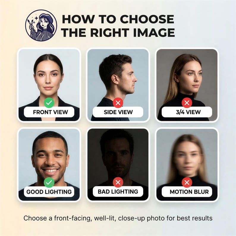 May include: An instructional graphic titled HOW TO CHOOSE THE RIGHT IMAGE featuring six portrait examples. It displays green checkmarks for front view and good lighting, and red X marks for side view, 3/4 view, bad lighting, and motion blur.
